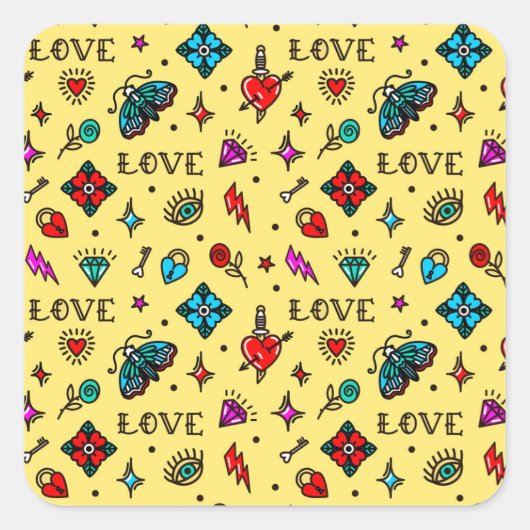 Old School Tattoo Love Pattern Vierkante Sticker (Voorkant)