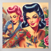 old school Tattoo meisjes Poster (Voorkant)