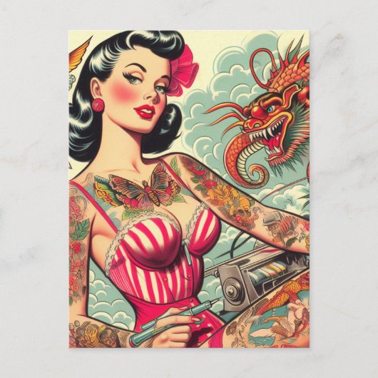 Old School Tattoo Pin-up Briefkaart (Voorkant)