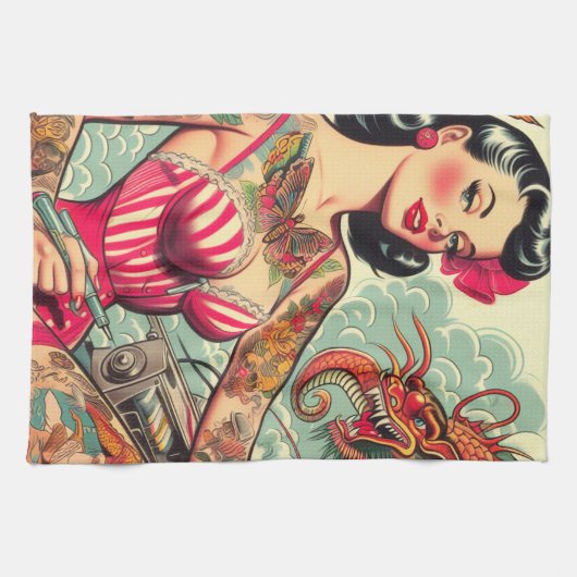 Old School Tattoo Pin-up Theedoek (Horizontaal)