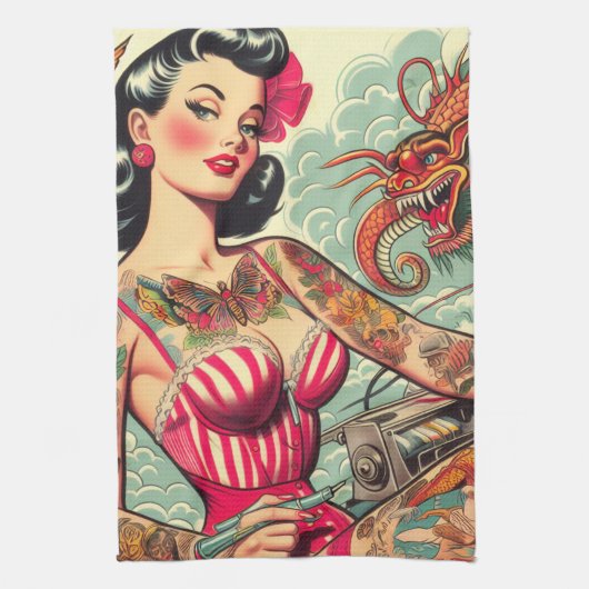 Old School Tattoo Pin-up Theedoek (Verticaal)