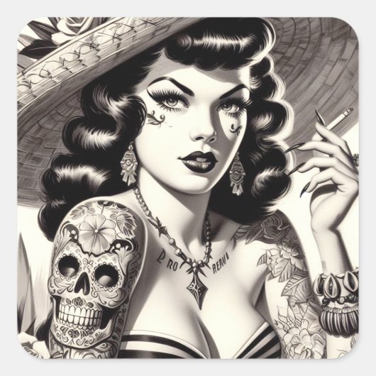 Old School Tattoo Pinup Vierkante Sticker (Voorkant)
