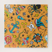 Old School Tattoo: Schattige naadloos Legpuzzel (Horizontaal)