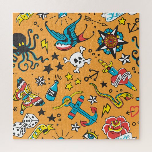 Old School Tattoo: Schattige naadloos Legpuzzel (Verticaal)