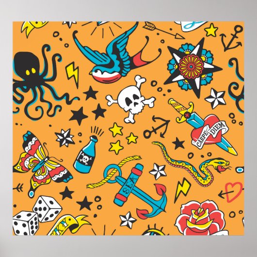 Old School Tattoo: Schattige naadloos Poster (Voorkant)