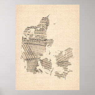 Old Sheet Music Map of Denemarken Poster