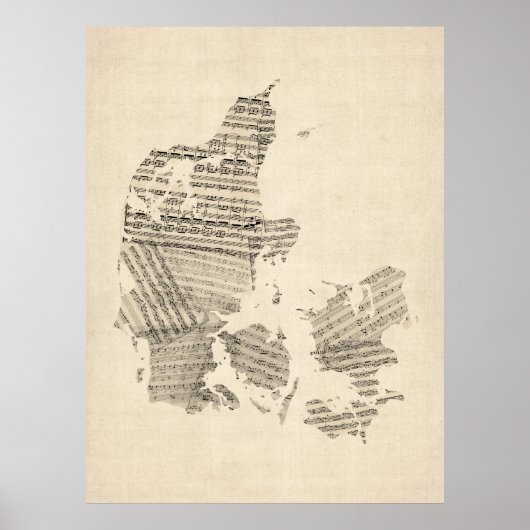 Old Sheet Music Map of Denemarken Poster (Voorkant)
