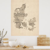 Old Sheet Music Map of Denemarken Poster (Keuken)