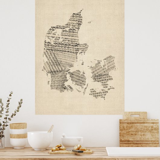 Old Sheet Music Map of Denemarken Poster (Keuken)