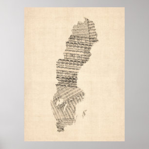 Old Sheet Music Map of Zweden Poster