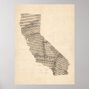 Old Sheet Music Map van Californië Poster