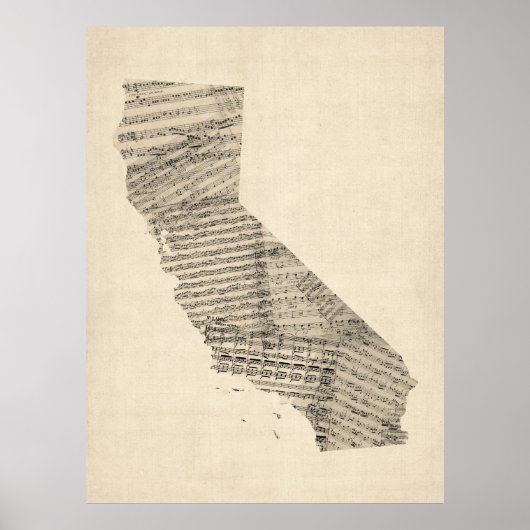 Old Sheet Music Map van Californië Poster (Voorkant)