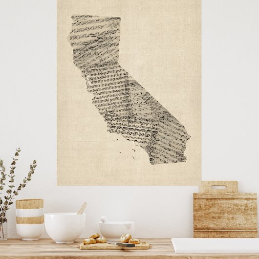 Old Sheet Music Map van Californië Poster (Keuken)