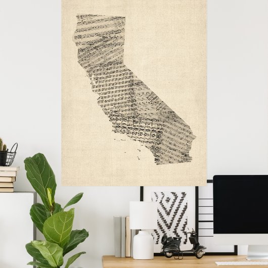 Old Sheet Music Map van Californië Poster (Thuiskantoor)