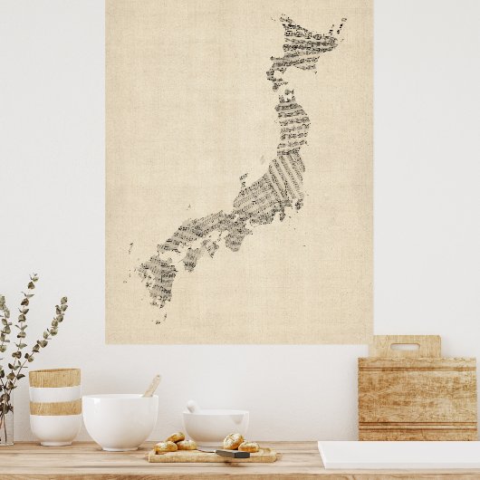 Old Sheet Music Map van Japan Poster (Keuken)