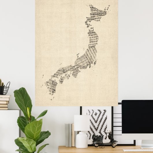 Old Sheet Music Map van Japan Poster (Thuiskantoor)