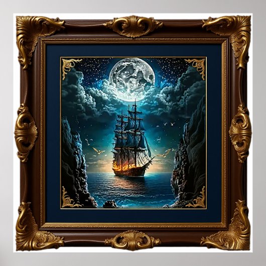 Old Ship Under the Moon Poster (Voorkant)