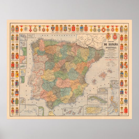 Old Spain Map (1892)  Spaans gezinshoofd Poster (Voorkant)