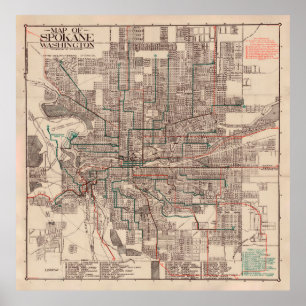 Old Spokane WA Map (1924) De Lila Stad Poster