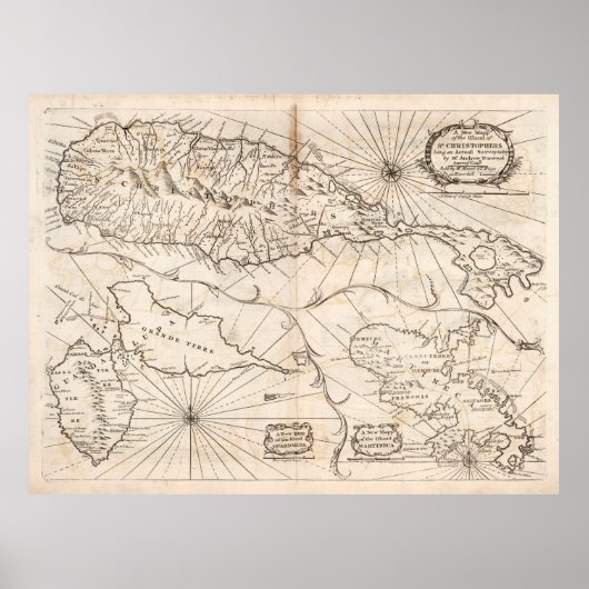 Old St Kitts, Guadeloupe & Martinique Map (1794) Poster (Voorkant)