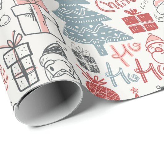 Old Style Scribble Santa Kerstmis Cadeaupapier (Rol Hoek)