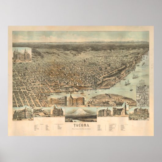 Old Tacoma WA Map (1890) City of Destiny Poster (Voorkant)