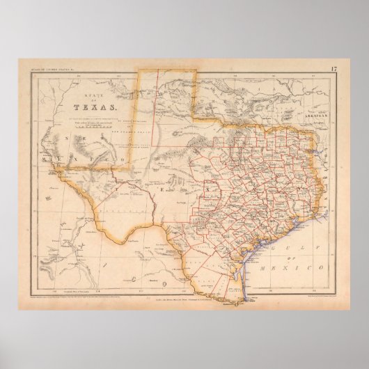Old Texas Map (1857) TX Lone Star State St. Poster (Voorkant)