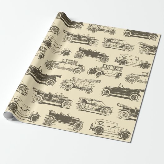 Old-timer Beige Brown Vintage Car Pattern Cadeaupapier (Uitgerold)