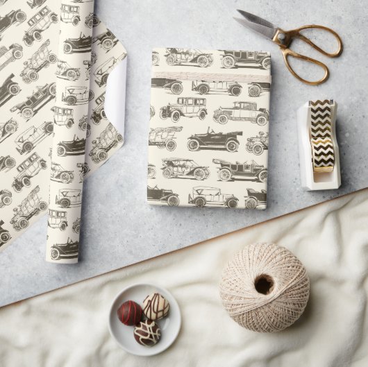 Old-timer Beige Gold Vintage Car Pattern Cadeaupapier (Crafts)