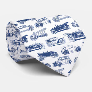Old-timer Blauw Wit Vintage Car Pattern Stropdas
