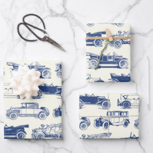Old-timer Blue Vintage Car Pattern Inpakpapier Vel
