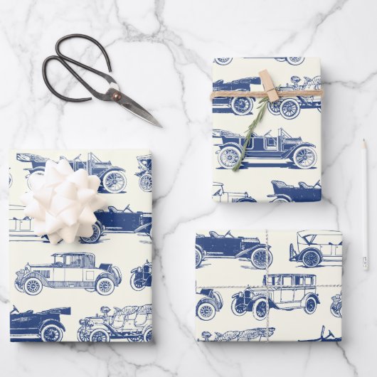 Old-timer Blue Vintage Car Pattern Inpakpapier Vel (Voorkant)