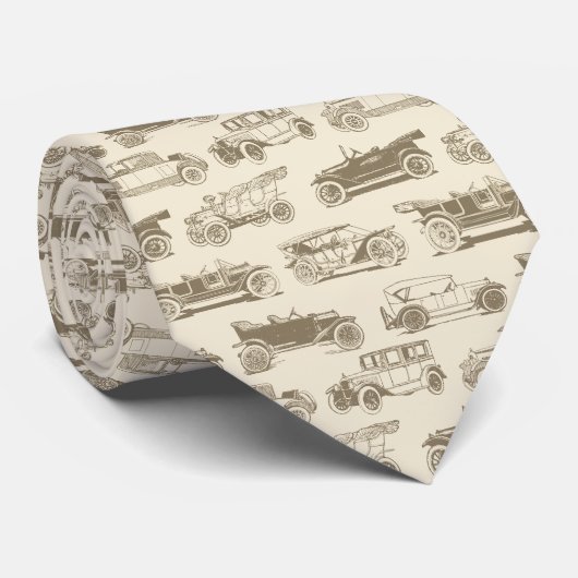 Old-timer Cream Beige Vintage Car Pattern Stropdas (Opgerold)