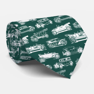 Old-timer Emerald Green White Vintage Car Pattern Stropdas