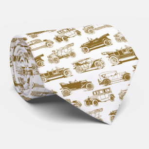Old-timer Gold Beige White Vintage Car Pattern Stropdas