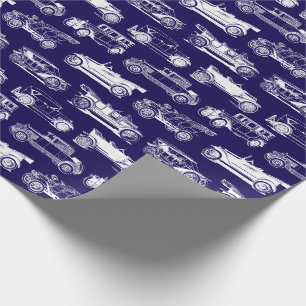 Old-timer Navy Blauw Wit Vintage Car Pattern Cadeaupapier