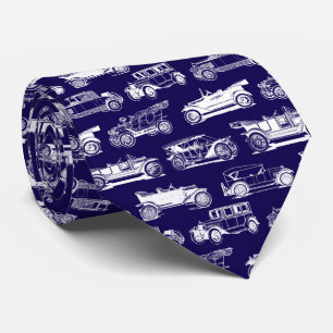 Old-timer Navy Blauw Wit Vintage Car Pattern Stropdas