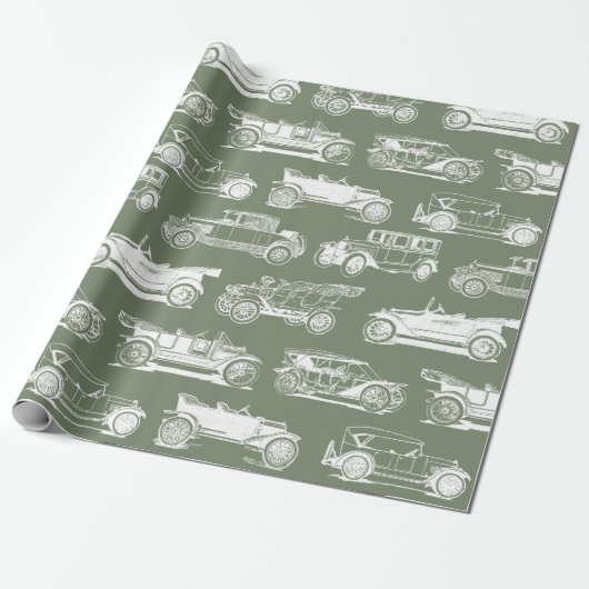 Old-timer Sage White Vintage Car Pattern Cadeaupapier (Uitgerold)