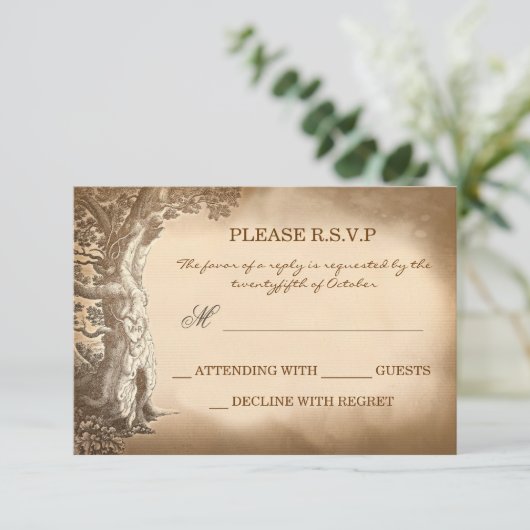Old Tree rustieke bruiloft RSVP kaarten Kaartje (Staand voorkant)