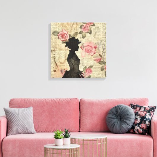 Old Victorian Silouette with Pink Roses Canvas Afdruk (Insitu (Woonkamer))