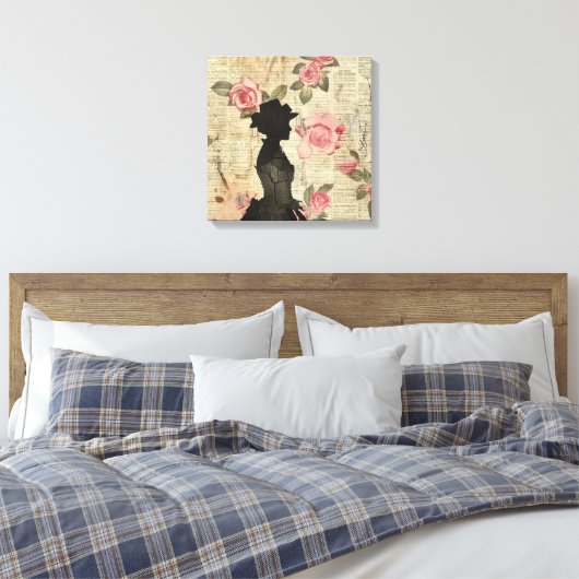 Old Victorian Silouette with Pink Roses Canvas Afdruk (Insitu (Slaapkamer))