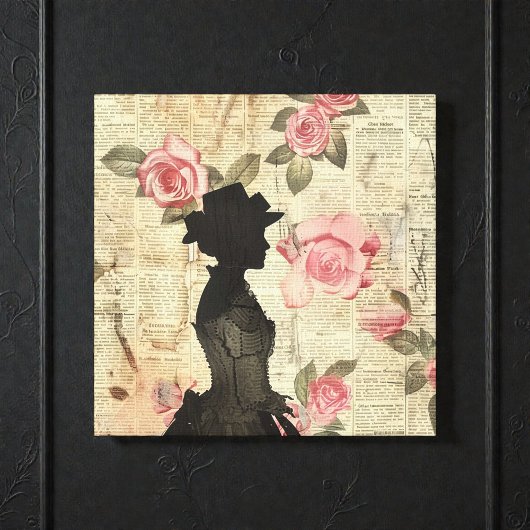 Old Victorian Silouette with Pink Roses Canvas Afdruk