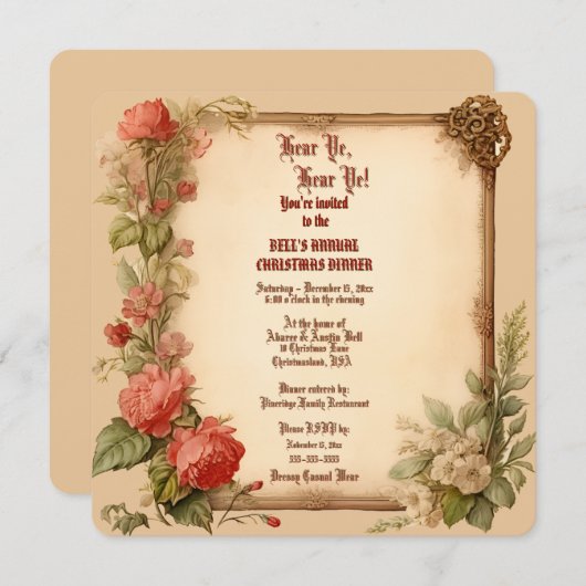 Old Vintage Paper Rose Christmas Dinner Invitation Kaart (Voorkant / Achterkant)
