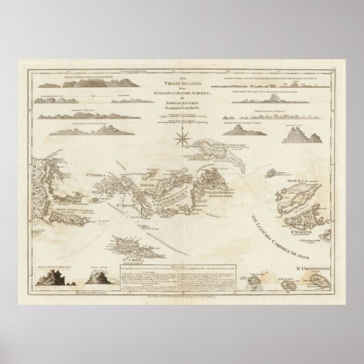 Old Virgin Islands Map (1775) St Thomas, St Croix Poster (Voorkant)
