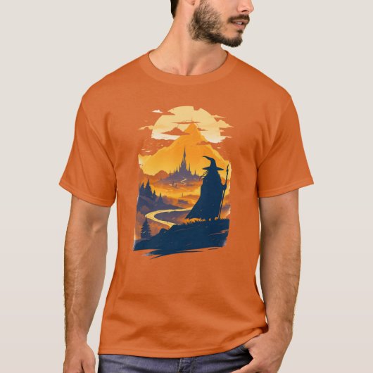Old Wanderer Gazing at a Mystical City Fantasy T-shirt (Voorkant)