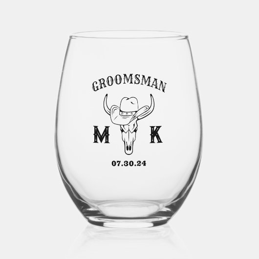 Old West Cowboy Personalized Groomsmen Monogram Wijnglas Zonder Voet (Voorkant)