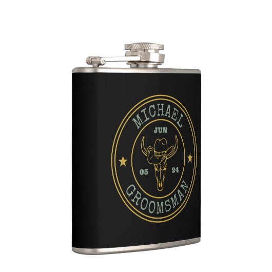 Old West Cowboy Rustic Logo Personalized Groomsmen Heupfles (Rechts)