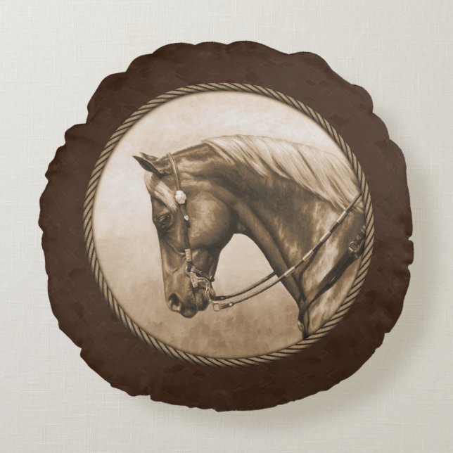 Old West Quarter Horse Sepia Brown Rond Kussen (Voorkant)
