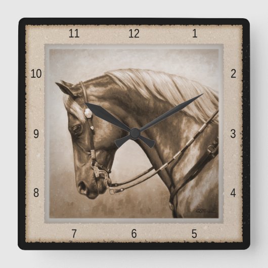 Old West Quarter Horse Sepia Brown Vierkante Klok (Voorkant)