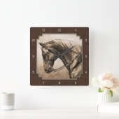 Old West Quarter Horse Sepia Brown Vierkante Klok (Huis)